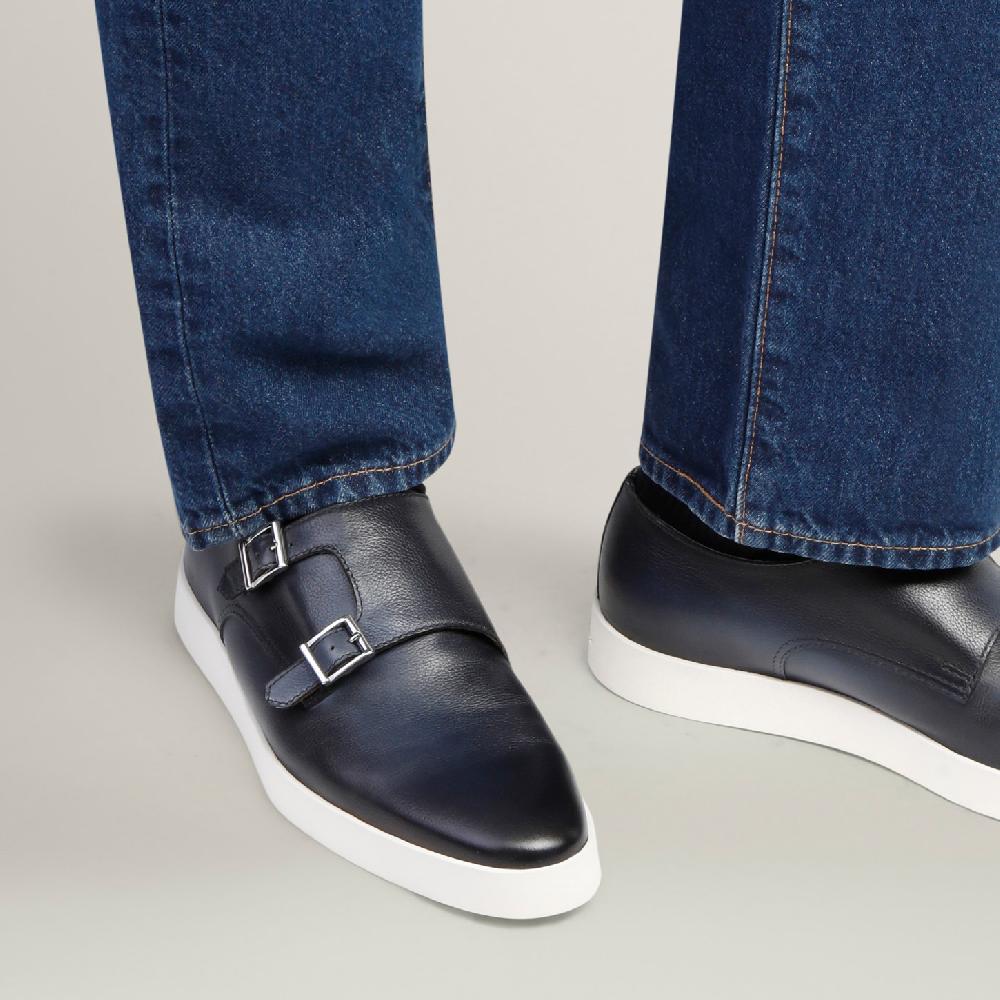 Santoni Doppia fibbia da uomo in pelle blu Outlet