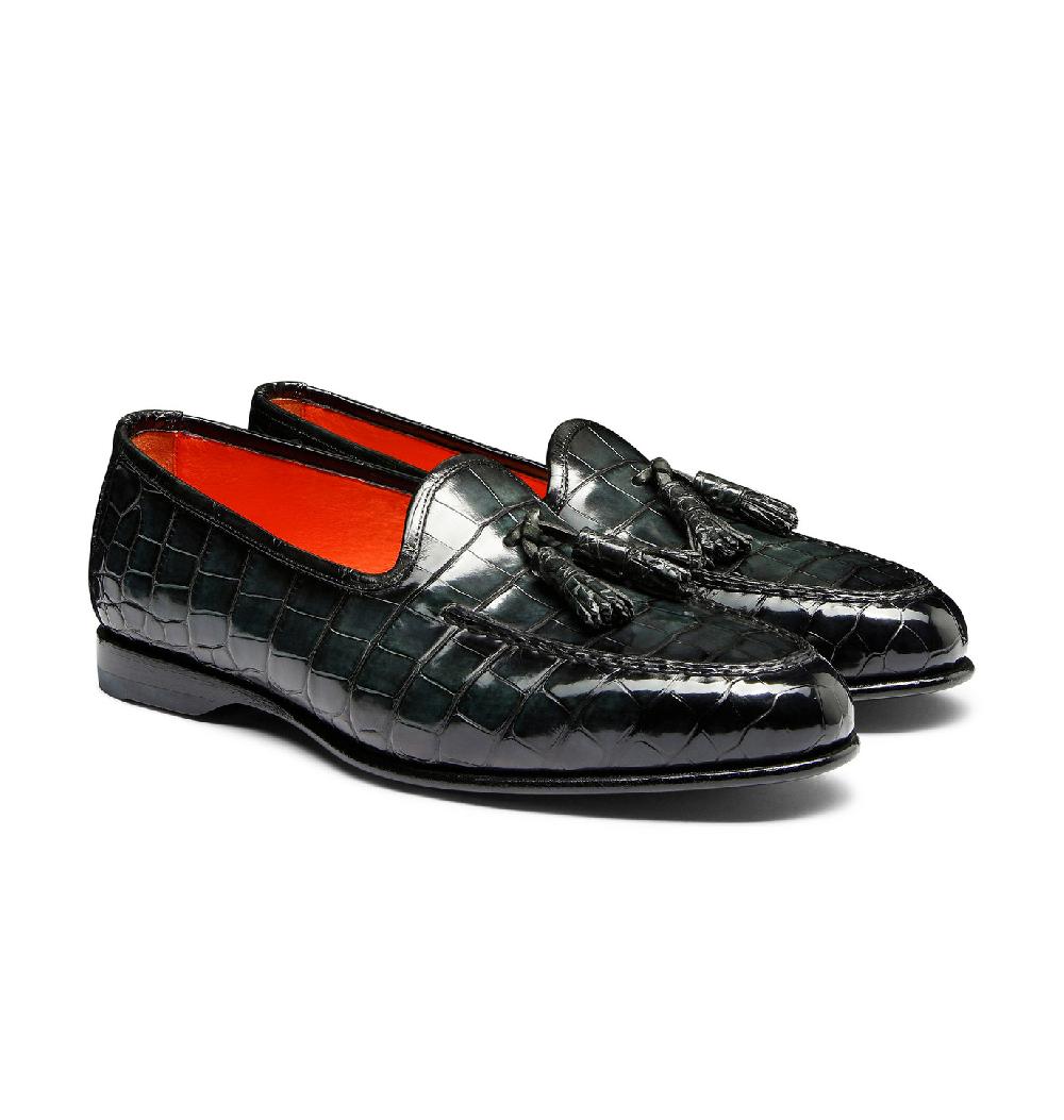 Santoni Mocassino Andrea con nappe da uomo in alligatore verde In Vendita