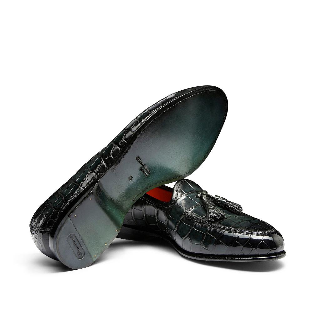 Santoni Mocassino Andrea con nappe da uomo in alligatore verde In Vendita