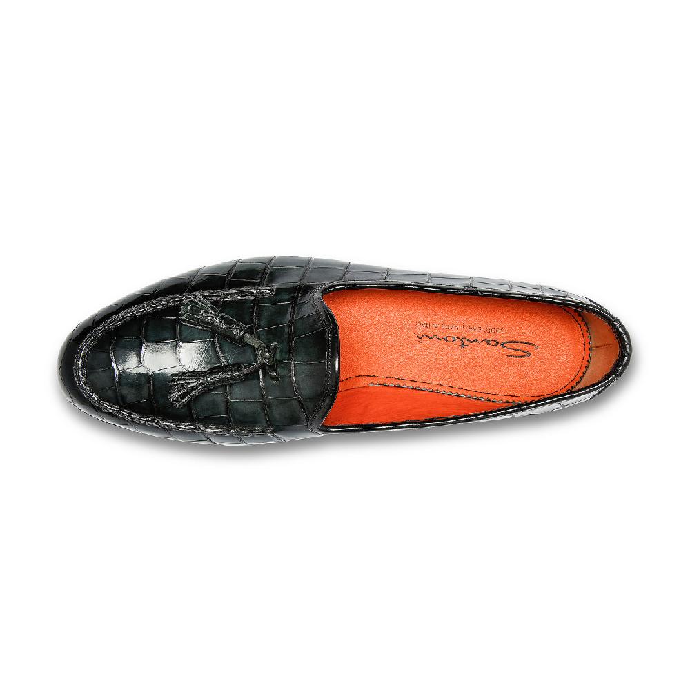 Santoni Mocassino Andrea con nappe da uomo in alligatore verde In Vendita