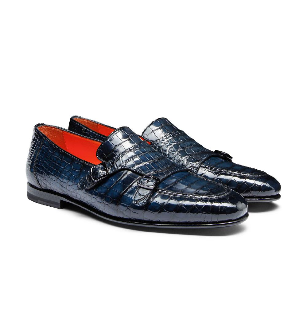 Santoni Mocassino con doppia fibbia da uomo in alligatore blu Vendita Calda