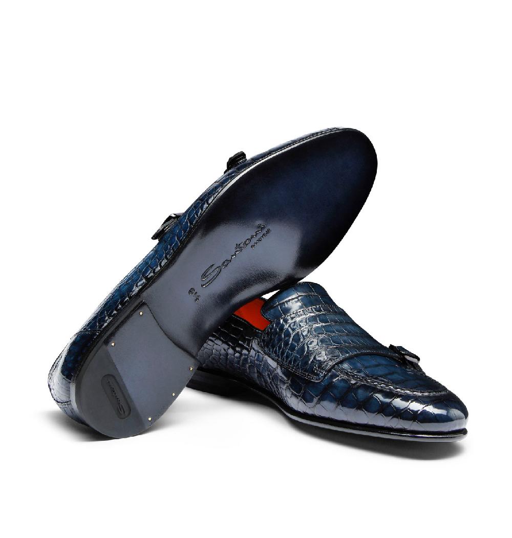 Santoni Mocassino con doppia fibbia da uomo in alligatore blu Vendita Calda