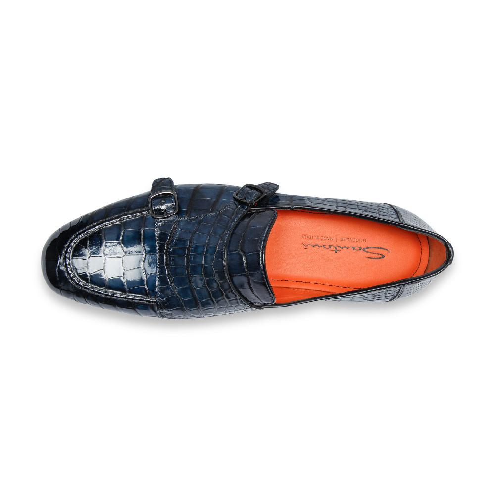 Santoni Mocassino con doppia fibbia da uomo in alligatore blu Vendita Calda