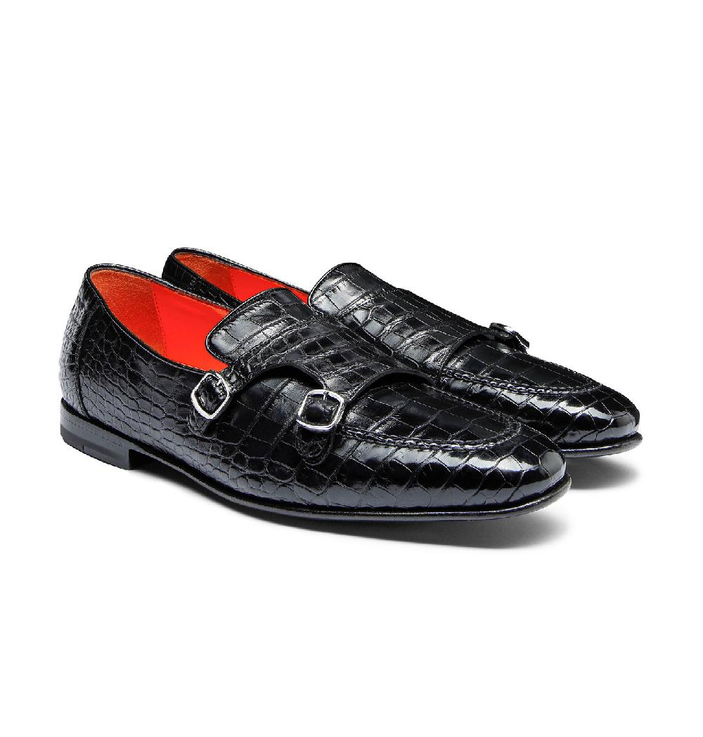 Santoni Mocassino con doppia fibbia da uomo in alligatore nero Vendite Flash