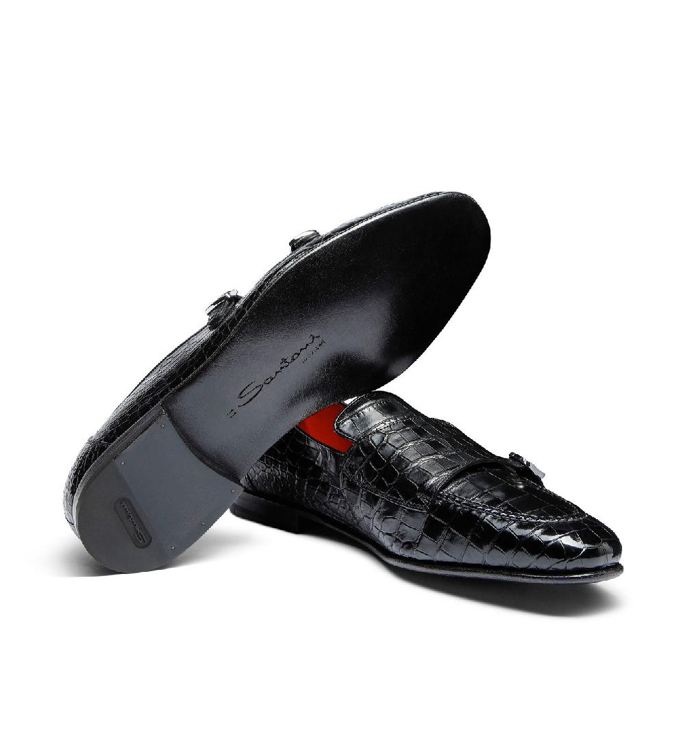 Santoni Mocassino con doppia fibbia da uomo in alligatore nero Vendite Flash