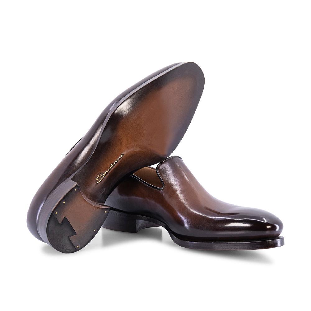 Santoni Mocassino Uniqua da uomo in pelle anticata marrone In Saldo
