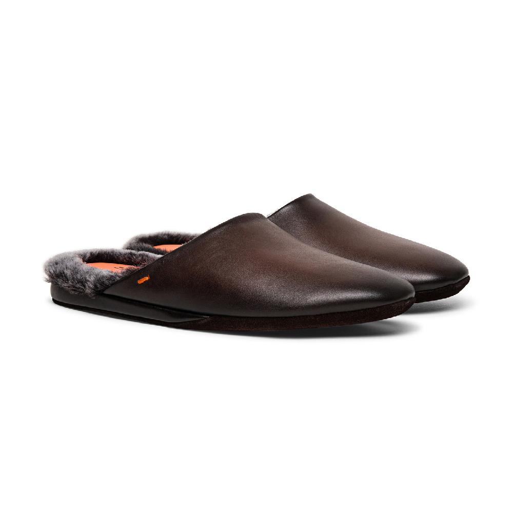 Santoni Pantofola da uomo in pelle anticata marrone Italy