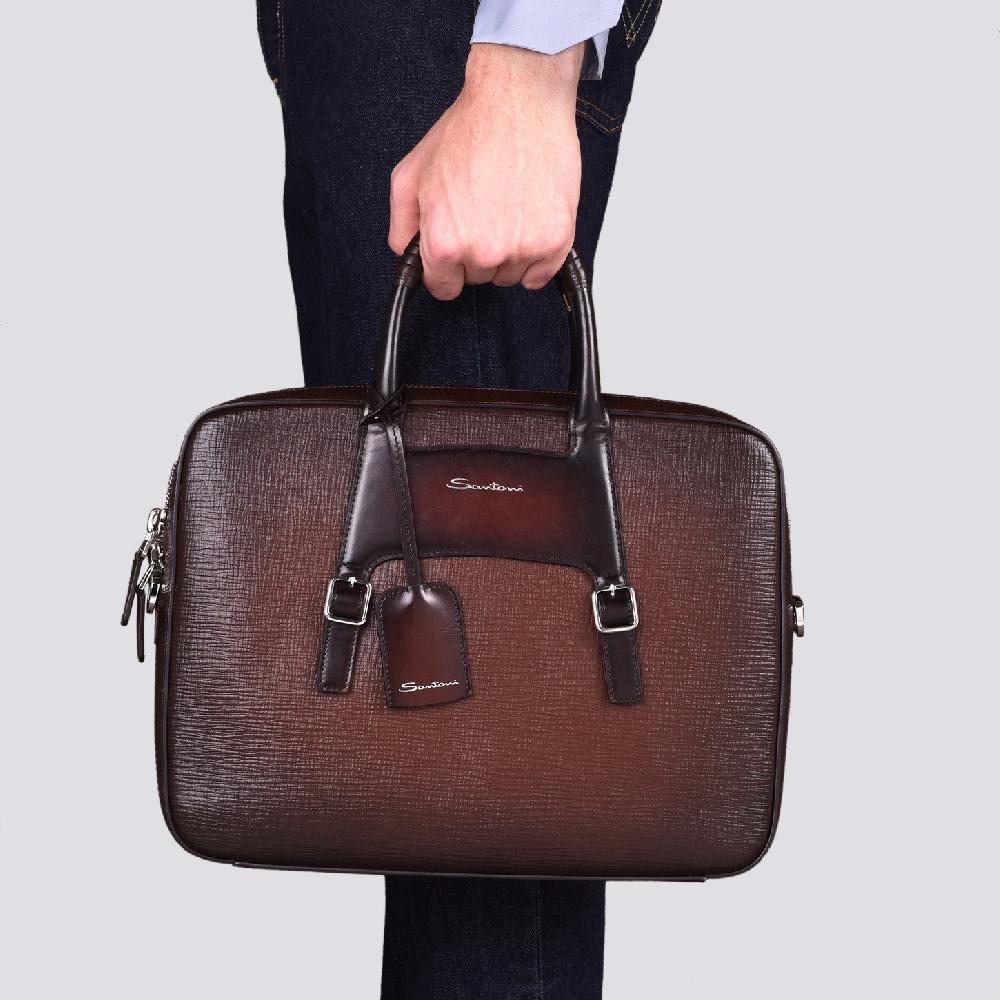 Santoni Briefcase in pelle stampata marrone Pezzi Unici
