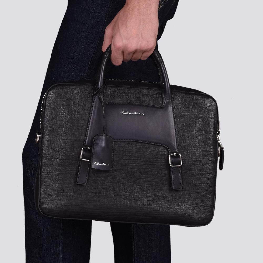Santoni Briefcase in pelle stampata nera Soddisfazione Garantita