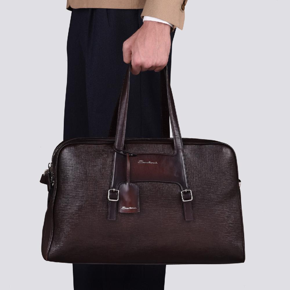 Santoni Borsa da viaggio in pelle stampata marrone Offerta
